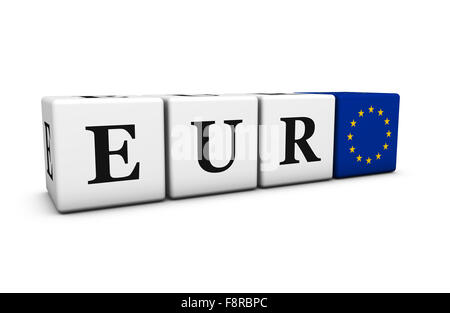 Wechselkurse, austauschen Börse und trading Finanzkonzept Eur Euro-Code-Zeichen mit EU-Flagge auf Würfel. Stockfoto