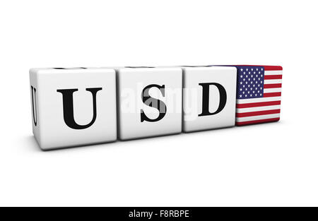 Wechselkurse, austauschen Börse und trading Finanzkonzept mit Dollar-usd-Code-Zeichen und US-Flagge auf Würfel. Stockfoto