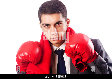 Geschäftsmann mit Boxhandschuhen auf weiß Stockfoto
