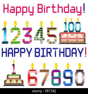 Alles Gute zum Geburtstag Gruß Thema Design-Elemente wie z. B. Anzahl Kerzen, Kuchen und Grüße. Stockfoto