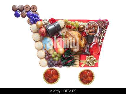 Weihnachten-Lebensmittel, Getränke und Geschenke in Form von einem Warenkorb-symbol Stockfoto