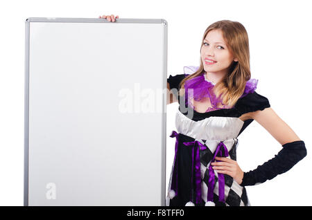 Mädchen in Harlekin Kostüm, isoliert auf weiss Stockfoto