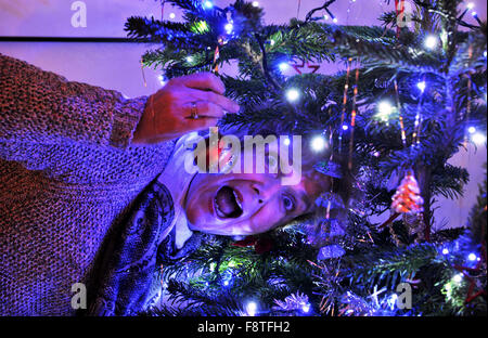 Reife mittlere gealterte Frau schmückt ihr Weihnachtsbaum zu Hause UK Stockfoto