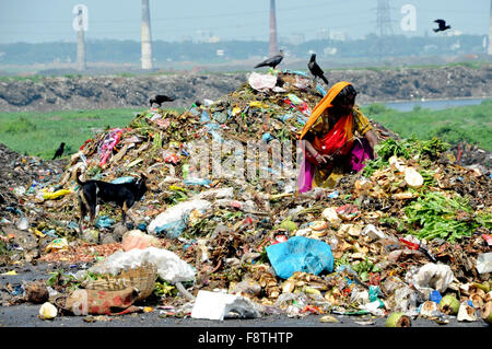 Dhaka, Bangladesch. 11. Dezember 2015. Ein Bangladeshi weibliche Abfall Picker nimmt die nicht biologisch abbaubare Abfälle für die Recyclingindustrie in Abfall Dump Hof in Savar in der Nähe von Dhaka verwendet werden. Bangladesch. Am 11. Dezember 2015 Menschen waste Pickers wählen Sie nicht biologisch abbaubare Abfälle verwendet werden, für die Recyclingindustrie in Abfall Dump Hof in Savar in der Nähe von Dhaka. Bangladesch. Am 11. Dezember 2015-Credit: Mamunur Rashid/Alamy Live-Nachrichten Stockfoto