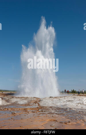 Geysir Strokkur gegen blauen Sommerhimmel, ausbrechenden Heißwasser und Dampf Sequenz 12/13. Island Stockfoto