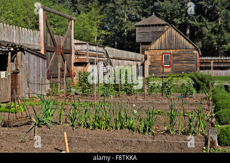 WASHINGTON - traditionellen Garten, Block House und die äußere Einfriedung Mauer am Fort Nisqually historischen Ort, Point Defiance. Stockfoto