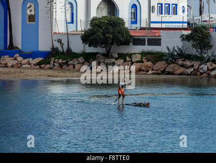 Mann, Paddeln auf einem Brett in der Marina in Marbella in Spanien Stockfoto