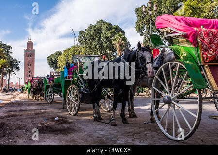 Geparkten Reihe von Pferden und Wagen in Marrakesch mit der Koutoubia-Minarett im Hintergrund Stockfoto