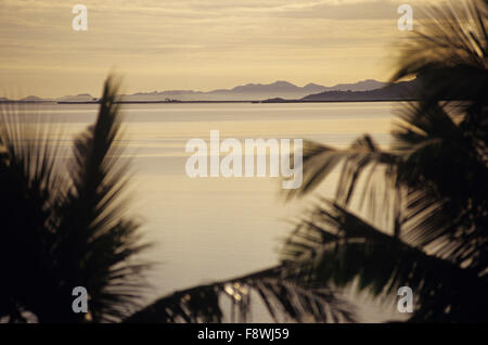 Fidschi-Inseln, Nukubati Island Resort, Sonnenaufgang mit Silhouette Palmwedel im Vordergrund, Inseln im Abstand. Stockfoto