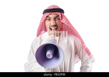 Arabische Mann schreien über Lautsprecher Stockfoto