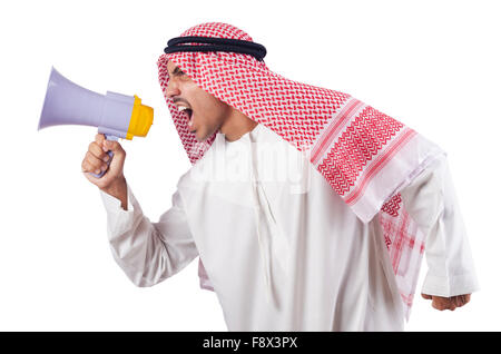 Arabische Mann schreien über Lautsprecher Stockfoto