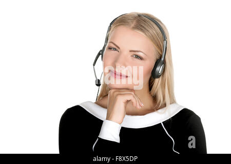 Rufen Sie Center Support Telefon-Betreiber in isolierten Holding Ohrhörer Kopfhörer Stockfoto