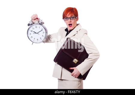 Geschäftsfrau Frau mit Uhr auf weiß Stockfoto
