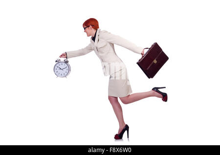 Geschäftsfrau Frau mit Uhr auf weiß Stockfoto