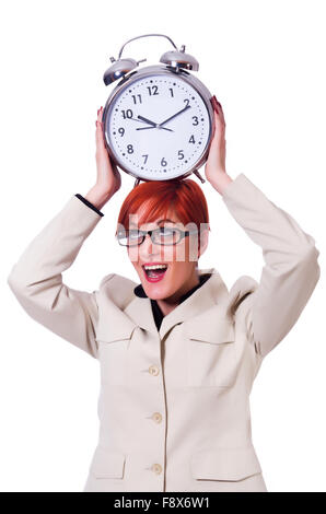 Geschäftsfrau Frau mit Uhr auf weiß Stockfoto