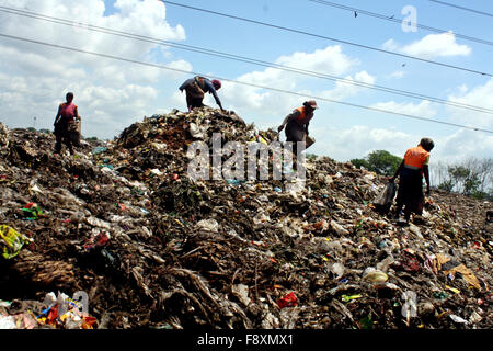 Waste Pickers Kind wählen die nicht biologisch abbaubare Abfälle für die recycling-Industrie verwendet werden. Es sind Werke in Abfall Dump Hof. Stockfoto