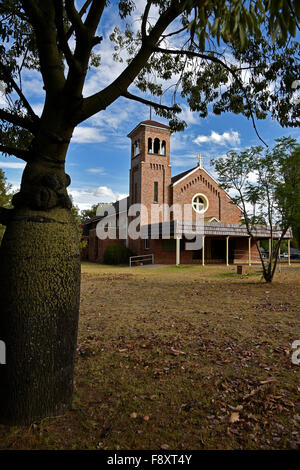 Unserer lieben Frau Hilfe der Christen-Gemeinde, Chinchilla, 8 Villiers Street, Chinchilla QLD 4413, komplett mit schmalen Flasche Laubbäume Stockfoto