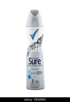 Sicher, dass für Frau Antitranspirant Aerosol auf weißem Hintergrund Stockfoto