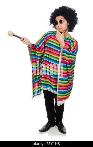 Lustige mexikanische tragen Poncho mit Maracas isoliert auf weiss Stockfoto