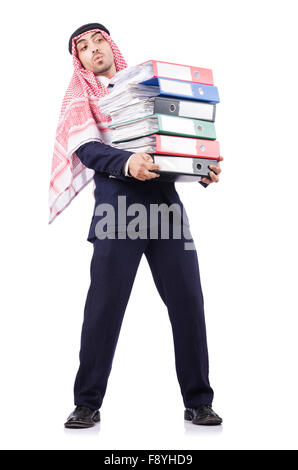 Arabische Geschäftsmann mit vielen Ordnern auf weiß Stockfoto