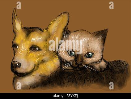lustige Tiere. Katze und Hund auf braunem Hintergrund Stock Vektor