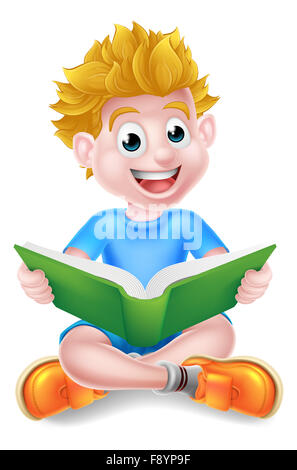 Ein glückliches Cartoon kleiner Junge genießen, ein Buch zu lesen Stockfoto