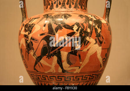 Antiken griechischen Vase Gemälde in schwarz über rot Keramik. Isoliert auf weißem Hintergrund Stockfoto