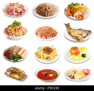 Festlegen der Gruppe Teller mit Essen auf weißem Hintergrund Stockfoto