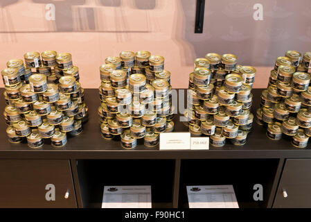 Eine Vielzahl von Gänseleber auf den Verkauf in einem Fachgeschäft, Budapest, Ungarn. Stockfoto