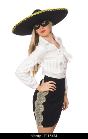 Frau trägt Sombrero isoliert auf weiss Stockfoto