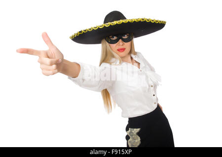 Frau trägt Sombrero isoliert auf weiss Stockfoto