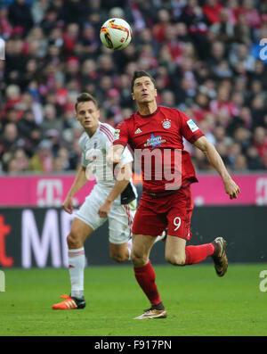 München, Deutschland. 12. Dezember 2015. Bayern Robert Lewandowski (R) wetteifert für den Ball während der deutschen Teilung der ersten Bundesliga-Fußballspiel gegen Ingolstadt 04 in München, Deutschland, 12. Dezember 2015. Bayern München gewann 2: 0. © Philippe Ruiz/Xinhua/Alamy Live-Nachrichten Stockfoto