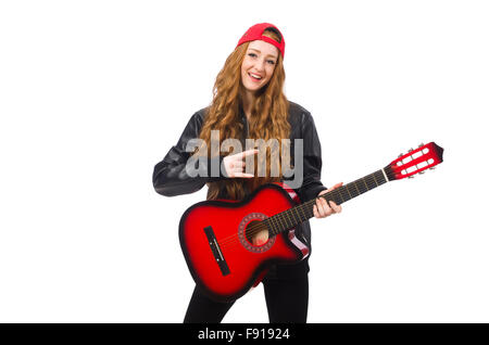 Hübsches Mädchen mit Gitarre, isoliert auf weiss Stockfoto