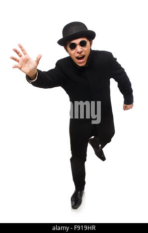 Mann trägt schwarzen Mantel isoliert auf weiss Stockfoto