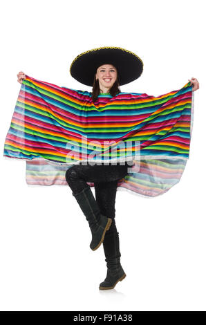 Ziemlich mexikanisches Mädchen in lebendige Poncho isoliert auf weiss Stockfoto