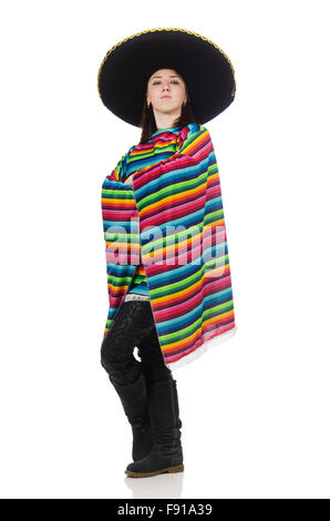 Ziemlich mexikanisches Mädchen in lebendige Poncho isoliert auf weiss Stockfoto