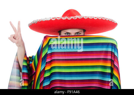 Ziemlich mexikanisches Mädchen in lebendige Poncho isoliert auf weiss Stockfoto