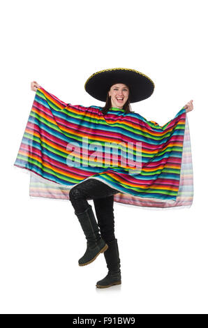 Ziemlich mexikanisches Mädchen in lebendige Poncho isoliert auf weiss Stockfoto