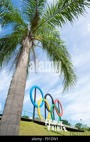 RIO DE JANEIRO, Brasilien - 31. Oktober 2015: Olympische Ringe stehen unter einem hohen Palme im Parque Madureira in Zona Norte. Stockfoto