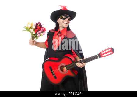 Junger Mann im Karneval Mantel isoliert auf weiss Stockfoto