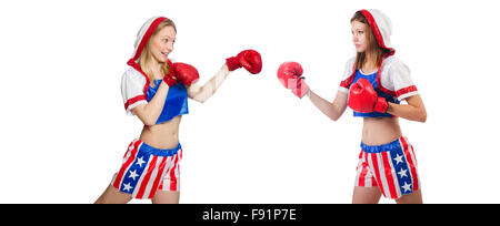 Boxerinnen in Uniform mit US-Symbole isoliert auf weiss Stockfoto