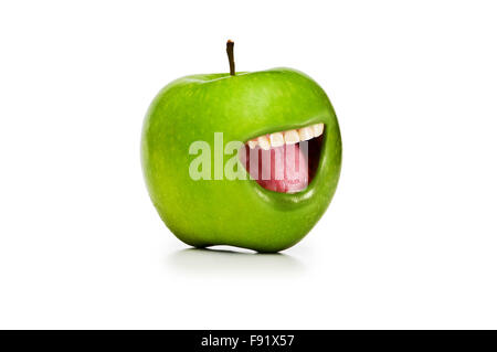 Lustiges Konzept mit Apfel und offenem Mund Stockfoto