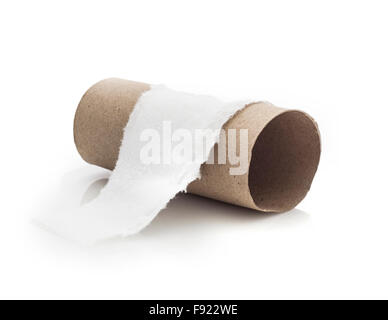 Leere WC-Papier Rollen auf weißem Hintergrund Stockfoto