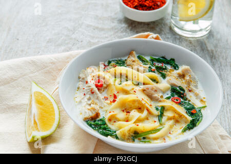 Kokos-Curry-Hühnersuppe mit Nudeln in einer Platte Stockfoto