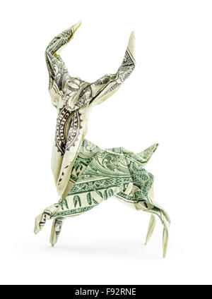 Origami-Dollar-Hirsche isoliert auf weißem Hintergrund Stockfoto