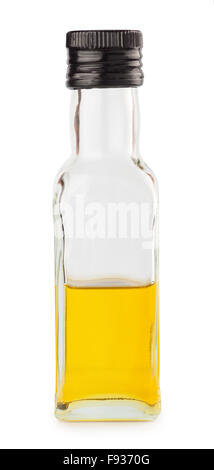 Olivenöl in Vierkantflasche Glas isoliert auf weißem Hintergrund Stockfoto