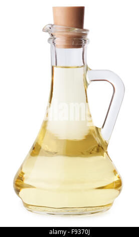 Oliven- oder Sonnenblumenöl Öl in Glasflasche mit Kork isoliert auf weißem Hintergrund Stockfoto