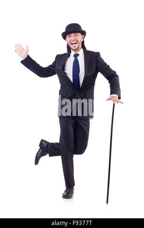 Mann tanzen mit Gehstock auf weiß Stockfoto
