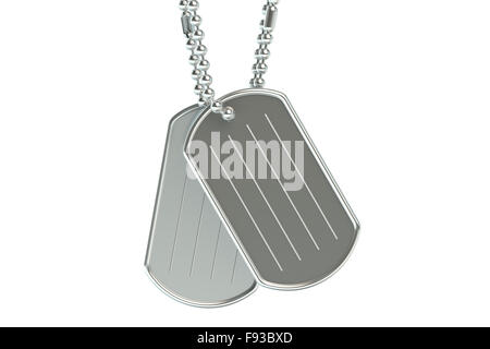 Dog Tags mit Closeup isoliert auf weißem Hintergrund Stockfoto