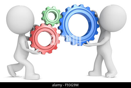 Dude 3D Charaktere X2 Zahnräder halten. Rot, grün und blau. Seitenansicht. Stockfoto